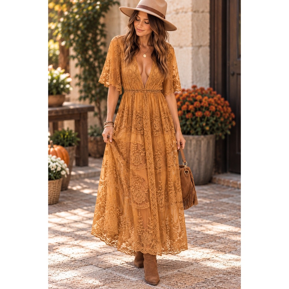 HYFVE Mustard Yellow Floral Lace Mesh Maxi Dress Deep V-Neck Boho Sz M